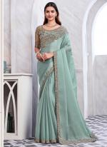 Glass Silk Light Blue Party Wear Embroidery Work Saree